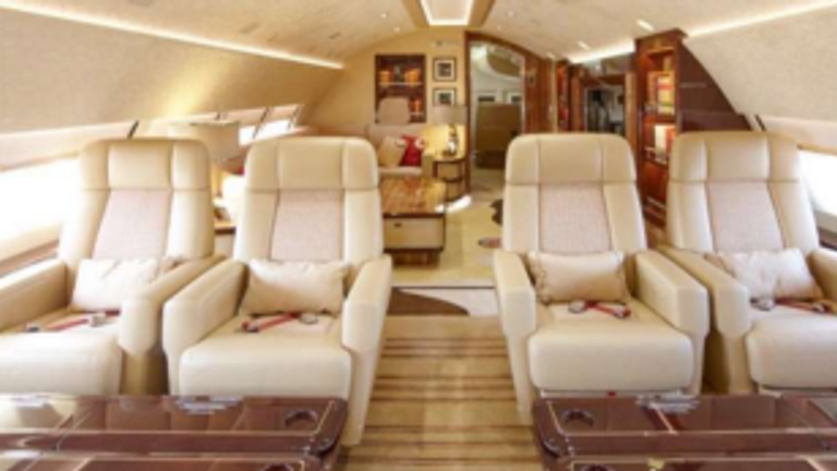 Inside the Qatari plane Mr Trump wants to use as a replacement for Air Force One. Four reclined seats with an open area behind them and a large tv.
Pic: Amac Aerospace