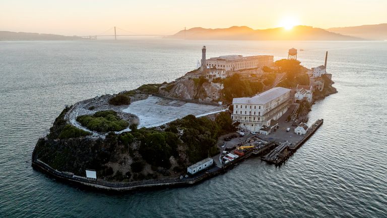 Alcatraz Island is in San Francisco Bay, with the Golden Gate Bridge not far away. Pic: AP