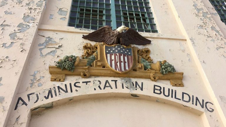 Paint peels off a wall of the former Alcatraz Federal Penitentiary on Nov. 10, 2017, on Alcatraz Island near San Francisco. (AP Photo/Michael R. Sisak)