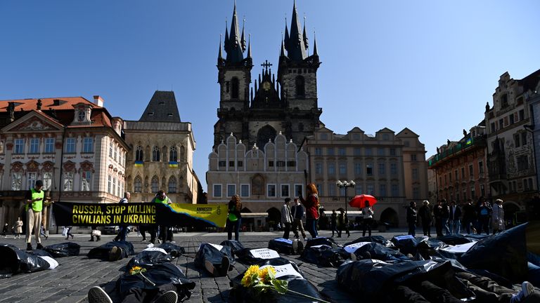 Rally remembering one month since start of Russian invasion of Ukraine, staged by Czech Amnesty International at Old Town Square in Prague, Czech Republic, March 24, 2022. Photo/Ondrej Deml (CTK via AP Images)