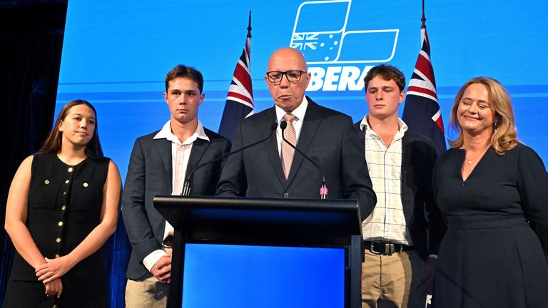 Leader of the Opposition Peter Dutton speaks, flanked by his wife Kirilly Dutton, sons Tom and Harry, and daughter Rebecca, at the function centre for the 2025 Federal Election, at the Federal Liberal Reception in Brisbane, Australia, May 3, 2025. AAP Image/Mick Tsikas/via REUTERS ATTENTION EDITORS - THIS IMAGE WAS PROVIDED BY A THIRD PARTY. NO RESALES. NO ARCHIVE. AUSTRALIA OUT. NEW ZEALAND OUT. NO COMMERCIAL OR EDITORIAL SALES IN NEW ZEALAND. NO COMMERCIAL OR EDITORIAL SALES IN AUSTRALIA.
