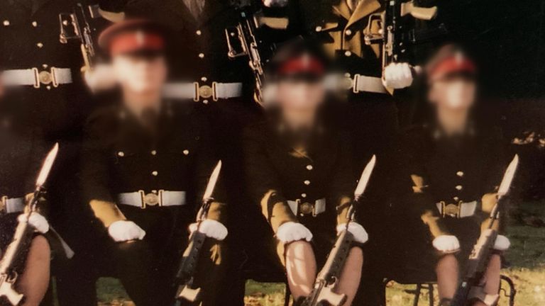 Katie (centre), who resigned from the armed forces after alleged sexual abuse, as a serving RMP officer