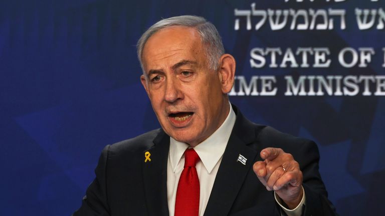Israeli Prime Minister Benjamin Netanyahu speaks at a news conference on 21 May. Pic: AP