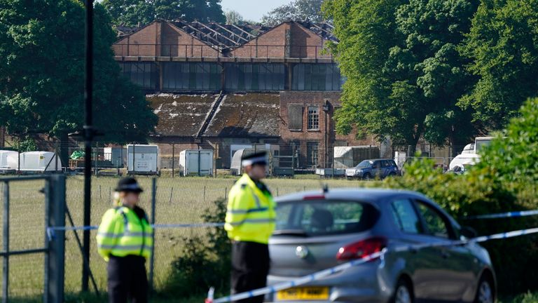 Damaged buildings following a fire at Bicester Motion, the site of a former RAF base which is home to more than 50 specialist businesses focused on classic car restoration and engineering in Oxfordshire, where a large fire broke out on Thursday, with witnesses reporting loud explosions and thick black smoke billowing from the site. Picture date: Friday May 16, 2025.
