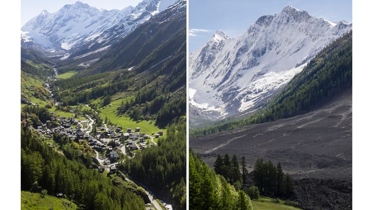 This combo picture shows the village of Blatten photographed on Sunday, May 18, 2025, left, and a view captured one day after a massive debris avalanche triggered by the collapse of the Birch Glacier, swept down to the valley floor and demolised large parts of the village of Blatten, Switzerland, Thursday, May 29, 2025.  (Cyril Zingaro and Jean-Christophe Bott/Keystone via AP)