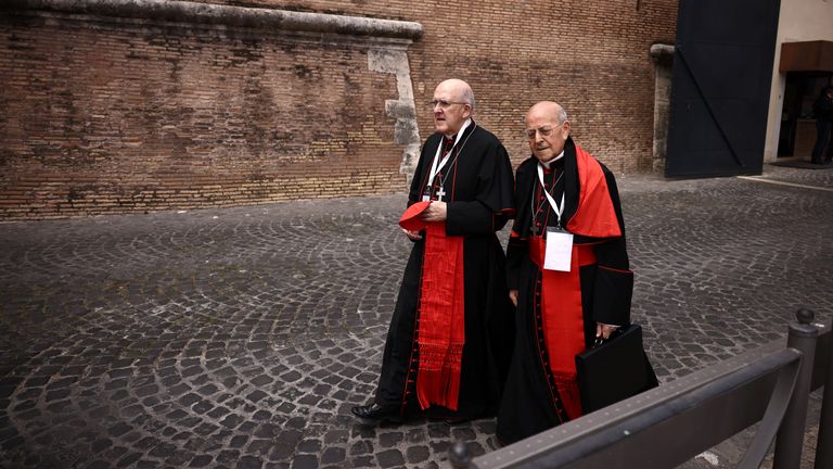 Cardinals walk, ahead of the conclave to elect the next pope, as seen from Rome, Italy, May 6, 2025. REUTERS/Stoyan Nenov