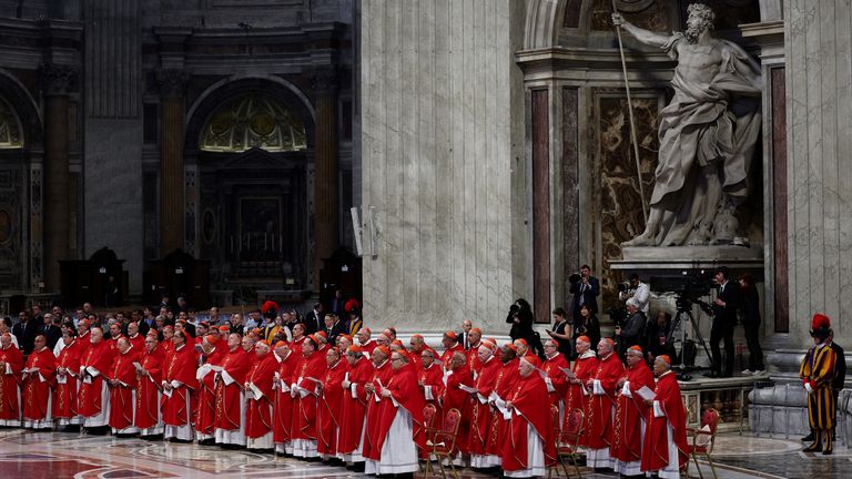 Cardinals attend a mourning Mass for Pope Francis on the fifth day of Novendiali (nine days of mourning after the Pope's funeral) at St. Peter's Basilica at the Vatican, April 30, 2025. REUTERS/Guglielmo Mangiapane