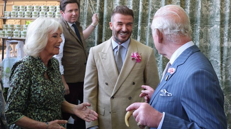 King Charles III, Patron of The Royal Horticultural Society, and Queen Camilla speak with David Beckham, during a visit to the RHS Chelsea Flower Show, at the Royal Hospital Chelsea in London. Picture date: Monday May 19, 2025. Toby Melville/PA Wire