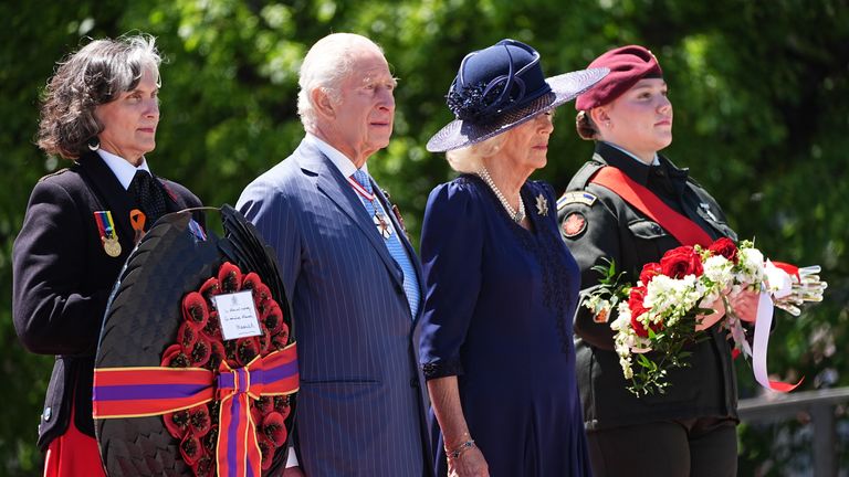 Charles and Camilla laid a wreath at the national war memorial in Ottawa. Pic: PA