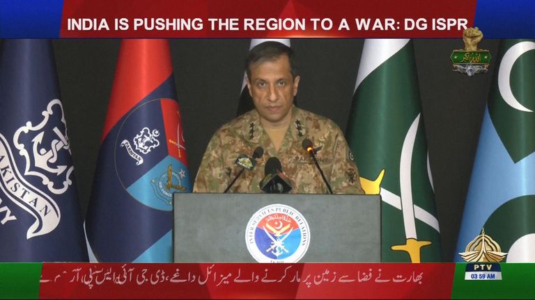 Gen. Ahmad Sharif Chaudhary, Pakistan military spokesperson giving TV address to confirm India has fired missiles at three of Pakistan's air bases. Screengrab from APTN feed. Pic: PTV/AP
