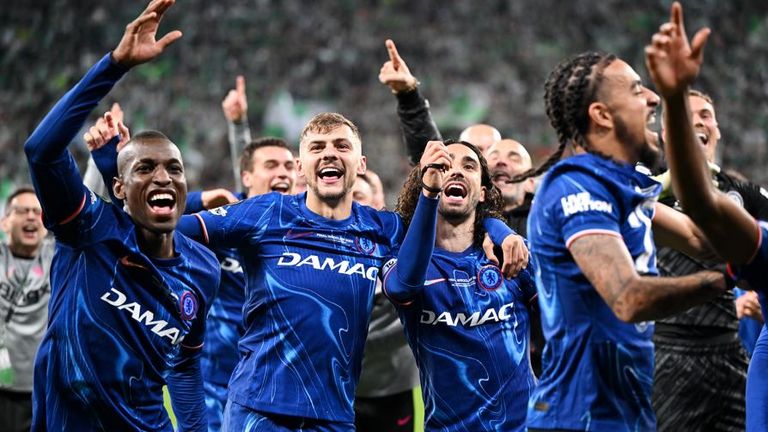 Chelsea's Kiernan Dewsbury-Hall (centre) and Marc Cucurella (centre right) celebrate after the club's win. Pic: PA.