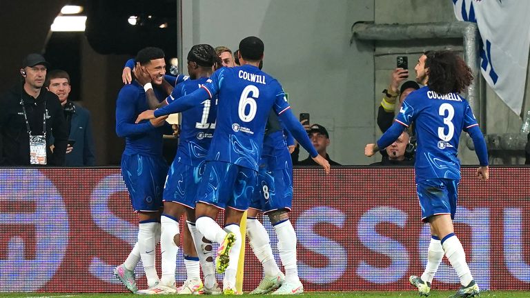 Chelsea's Jadon Sancho (left) celebrates scoring their side's third goal of the game during the UEFA Conference League final match at Tarczynski Arena Wroclaw, Poland. Picture date: Wednesday May 28, 2025.

