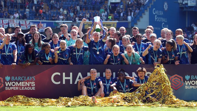 Chelsea lift the Barclays Women's Super League trophy during the Barclays Women's Super League match at Stamford Bridge, London. Picture date: Saturday May 10, 2025. PA Photo. See PA story SOCCER Chelsea Women. Photo credit should read: Rhianna Chadwick/PA Wire...RESTRICTIONS: Use subject to restrictions. Editorial use only, no commercial use without prior consent from rights holder.