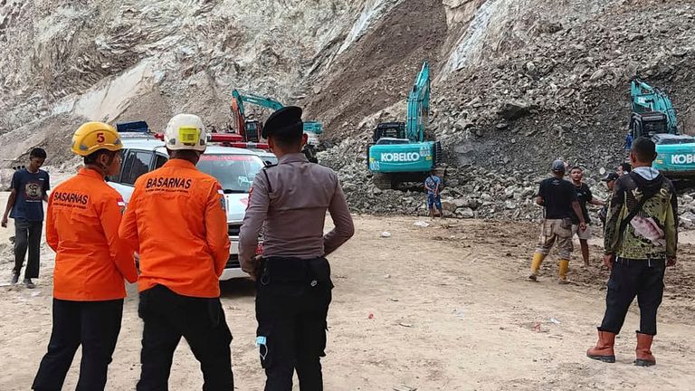 Rescue mission at site of collapsed stone quarry in Cirebon district, West Java, Indonesia, Friday, May 30, 2025. Pic: BASARNAS/AP