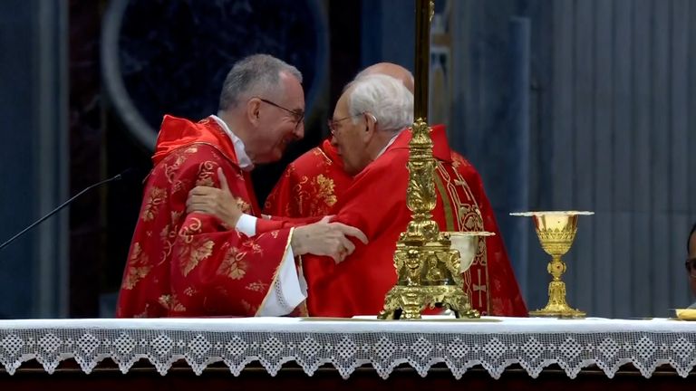 Cardinal Giovanni Battista Re  was overheard telling Parolin, the Papal frontrunner: &#34;Best wishes. Double best wishes.&#34; 