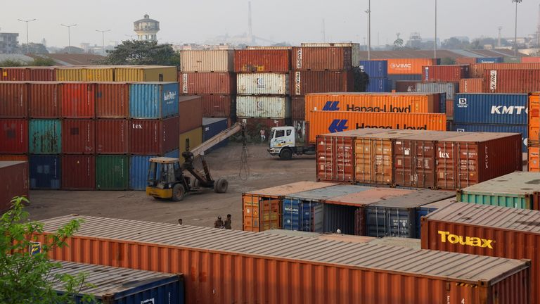 Stacks of containers are seen inside a terminal in Kolkata, India. Pic: Reuters