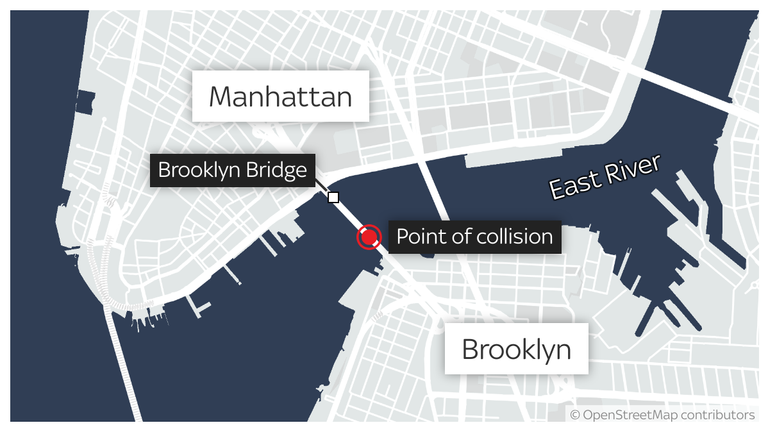 The Cuauhtemoc, a training ship of the Mexican Navy, hit the Brooklyn Bridge in New York on Saturday evening