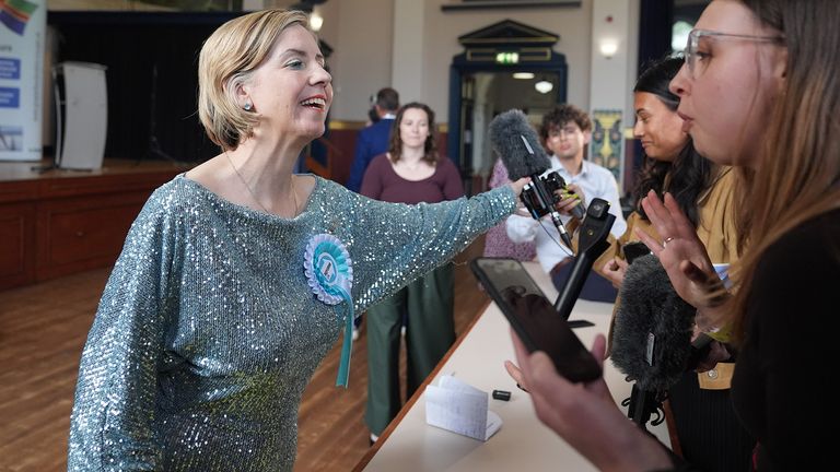 Reform UK candidate Dame Andrea Jenkyns pushes away a journalist's microphone whilst speaking to the media.
Pic: PA