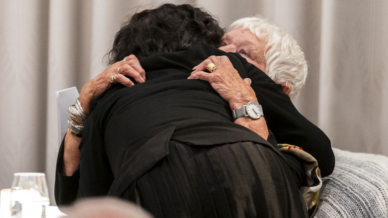 Dame Judi Dench hugs her daughter Finty Williams. Pic: PA