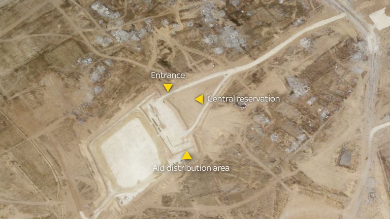 Satellite image showing the aid distribution site. Pic: Planet Labs PBC