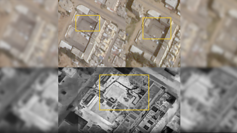Similar shapes visible in courtyard of Gaza school. Top row: 8 May (left) and 3 April. Bottom row: 13 May. Pic: IDF/Planet Labs PBC