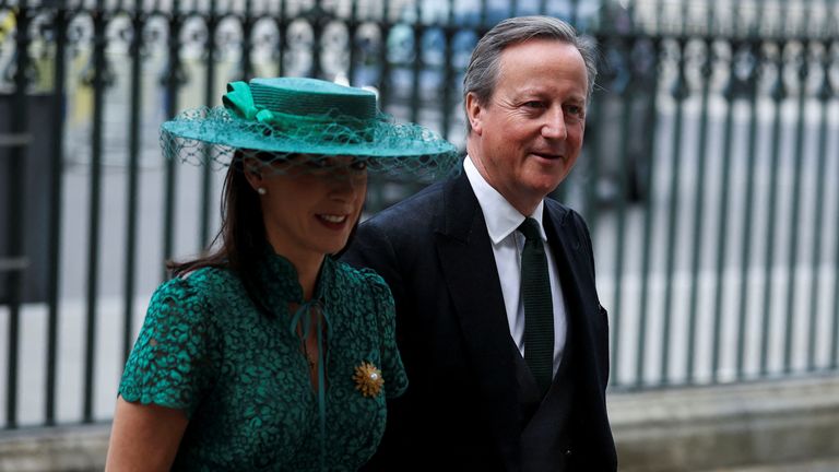 Former British Prime Minister David Cameron and his wife arrive at Westminster Abbey to attend the Service of Thanksgiving as part of commemorations for the 80th anniversary of Victory in Europe (VE) Day in London, Britain, May 8, 2025. REUTERS/Phil Noble
