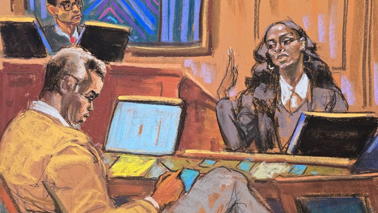 Singer Dawn Richard testifies about seeing Sean "Diddy" Combs strike his then-girlfriend Casandra "Cassie" Ventura, before U.S. District Judge Arun Subramanian at Combs' sex trafficking trial in New York City, New York, U.S., May 19, 2025 in this courtroom sketch. REUTERS/Jane Rosenberg