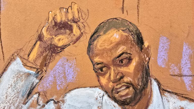 A court sketch depicts Deonte Nash, former stylist to Sean Combs and Cassie Ventura. Pic: Reuters