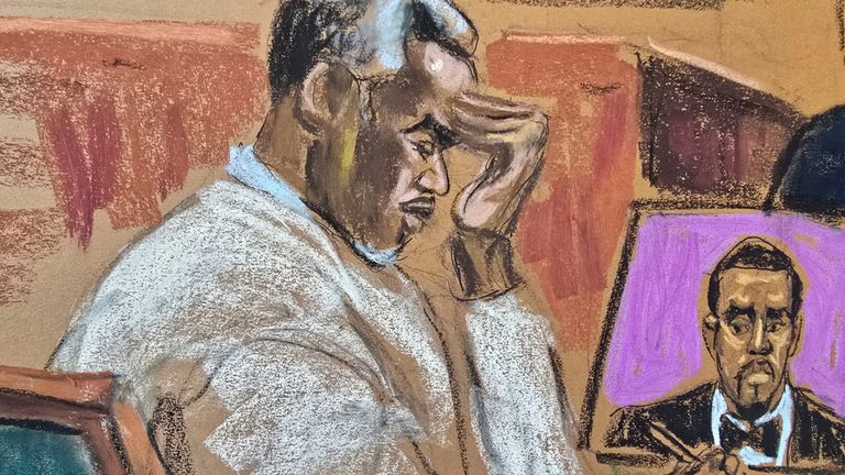 Sean "Diddy" Combs listens as George Kaplan (not seen) testifies at Combs' sex trafficking trial in New York City, New York, U.S., May 21, 2025 in this courtroom sketch. REUTERS/Jane Rosenberg
