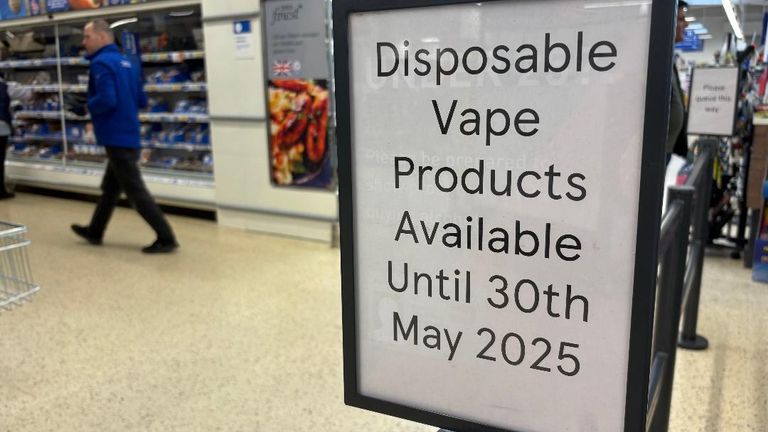 A sign for customers at a Tesco store in Gerrards Cross, Buckinghamshire, advising customers that the sale of disposable vapes will end on 30 May 2025. Picture date: Wednesday May 14, 2025. Pic: PA