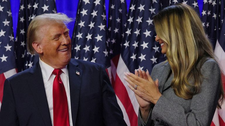 Donald Trump and his wife Melania at his election night rally on 6 November 2024. Pic: Reuters