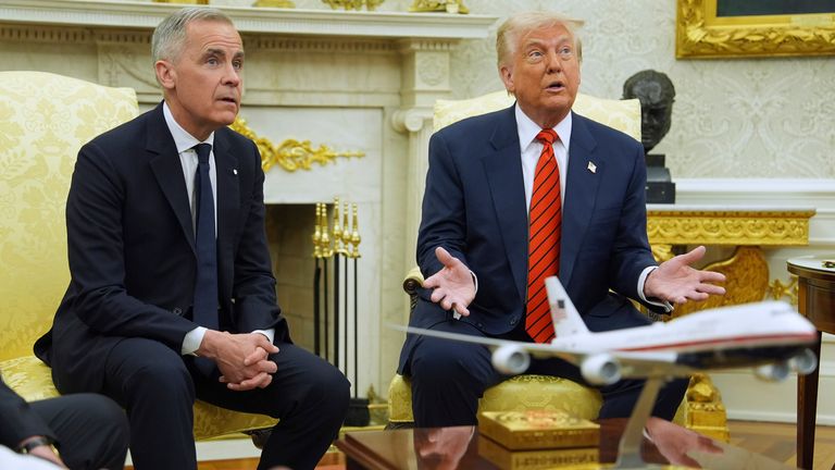 Donald Trump meets Mark Carney in the Oval Office of the White House.
Pic: AP