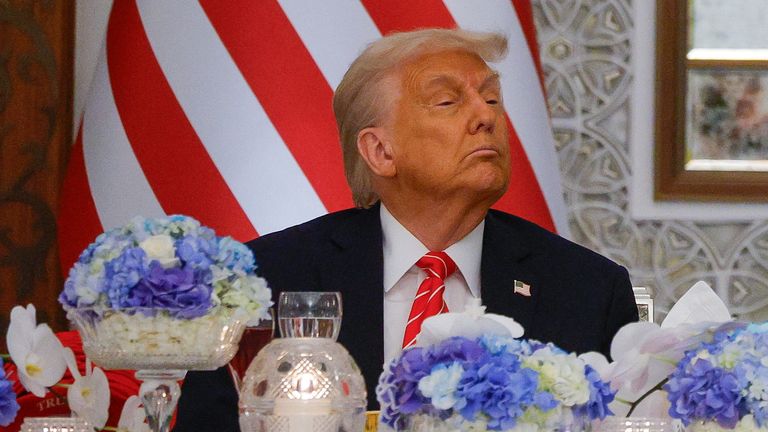 Donald Trump listens as Qatar's Emir Tamim bin Hamad Al Thani (not pictured) speaks at a state dinner.
Pic: Reuters