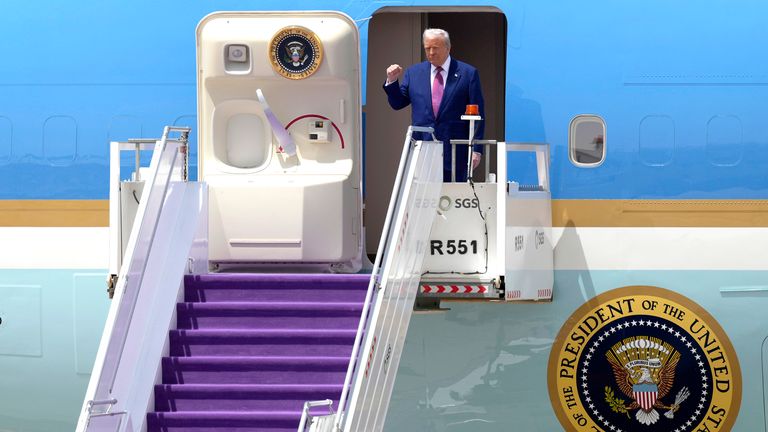 President Donald Trump arrives on Air Force One at King Khalid International Airport Royal Terminal in Riyadh, Saudi Arabia, Tuesday, May 13, 2025 . (AP Photo/Alex Brandon)