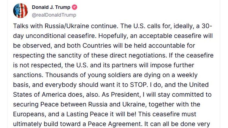 Trump calls for ceasefire. Pic: Truth Social