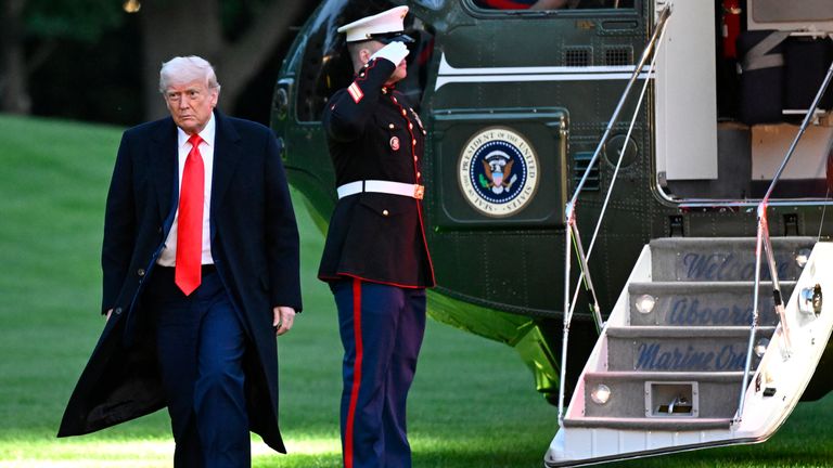 President Donald Trump arrives on the South Lawn of the White House after attending the crypto dinner.
Pic: AP/John McDonnell