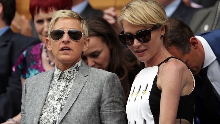Ellen DeGeneres with wife Portia de Rossi at Wimbledon. Pic: Reuters