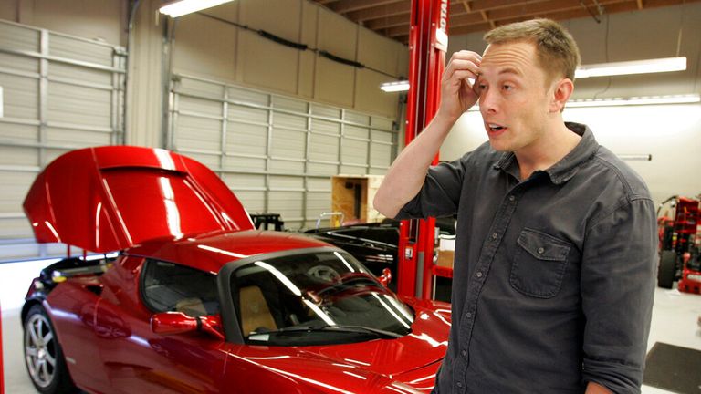 FILE-In this Dec. 9, 2008 file photo, Tesla CEO Elon Musk stands in front a Tesla sports car at a Tesla showroom in Menlo Park, Calif. A judge is allowing to proceed a lawsuit by a founder of Tesla Motors that accuses the electric car maker and its chief executive of libel, slander and several other allegations. Martin Eberhard claims that Musk unfairly blamed him for Tesla's well-documented financial woes in interviews with the media and in postings on the company's blogs.  (AP Photo/Paul Sakuma, file)