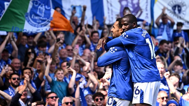 Iliman Ndiaye (left) celebrates Everton's second goal with Abdoulaye Doucoure (right). Pic: Reuters