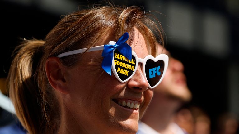 A fan wears 'farewell Goodison Park' sunglasses. Pic: Reuters