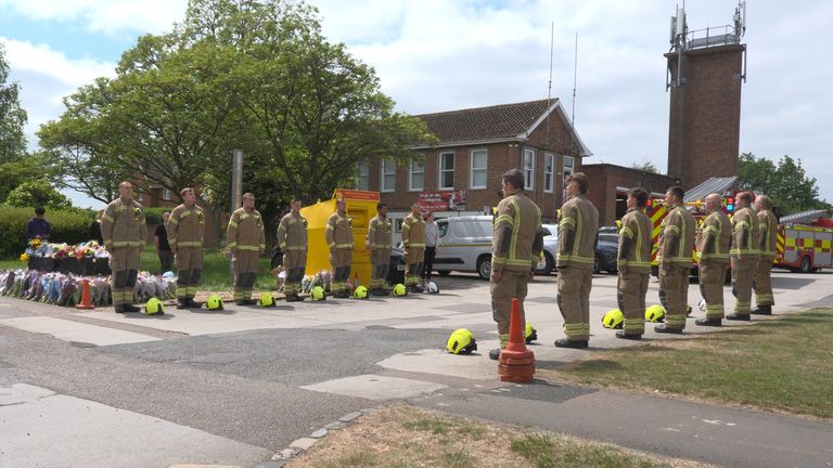 Firefighters form guard of honour after two colleagues and business owner die in Bicester blaze