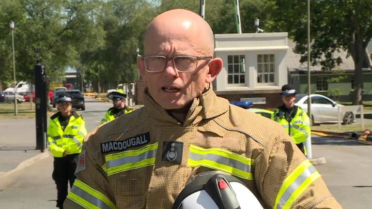 Fire chief gives emotional statement as two firefighters and one other person die in fire at former RAF base in Bicester