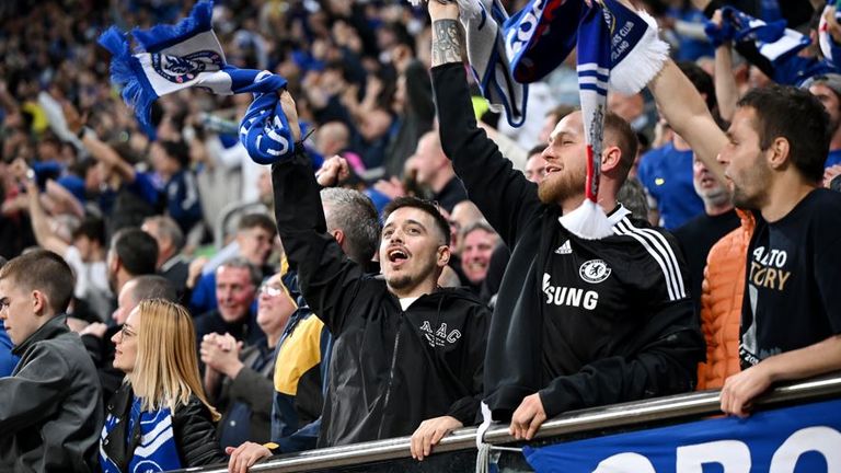 Chelsea fans show their support during the match. Pic: PA.