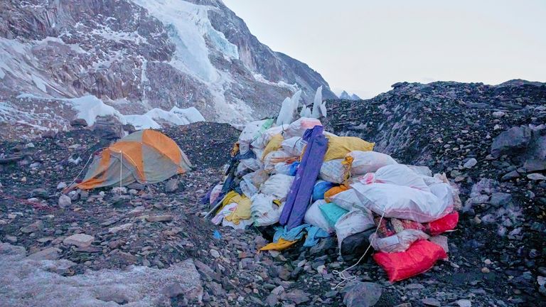 Garbage is piled up at a waste collection center at Everest Base Camp in Nepal, May 12, 2025. (AP Photo/Pasang Rinzee Sherpa)