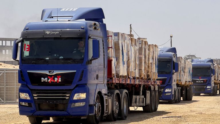 Trucks transporting aid for Palestinians in Rafah. Pic: Reuters.