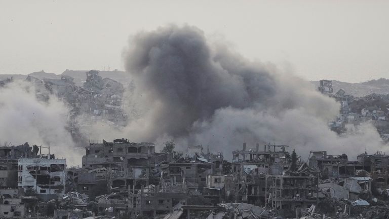 Smoke rises following an Israeli army airstrike in northern Gaza Strip, seen from southern Israel, Friday, May 16, 2025. (AP Photo/Maya Alleruzzo)