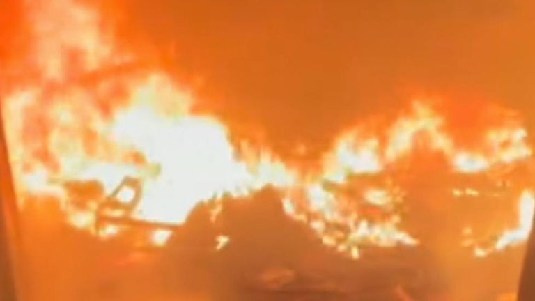 Shelter in Gaza City burns following Israeli airstrike