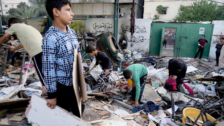 Palestinians inspect the damage at school used as a shelter by displaced residents that was hit by Israeli military strike and killed at least 36 people in Gaza.
Pic: AP 