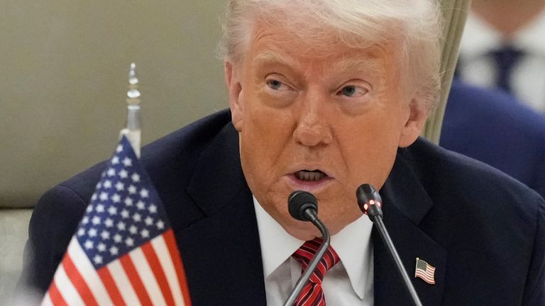 Donald Trump speaks during the Gulf Cooperation Council (GCC) Summit in Riyadh, Saudi Arabia.
Pic: AP