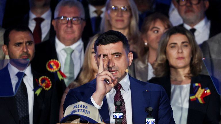 George Simion rejected the polls but official counting saw him slip behind. Pic: Reuters